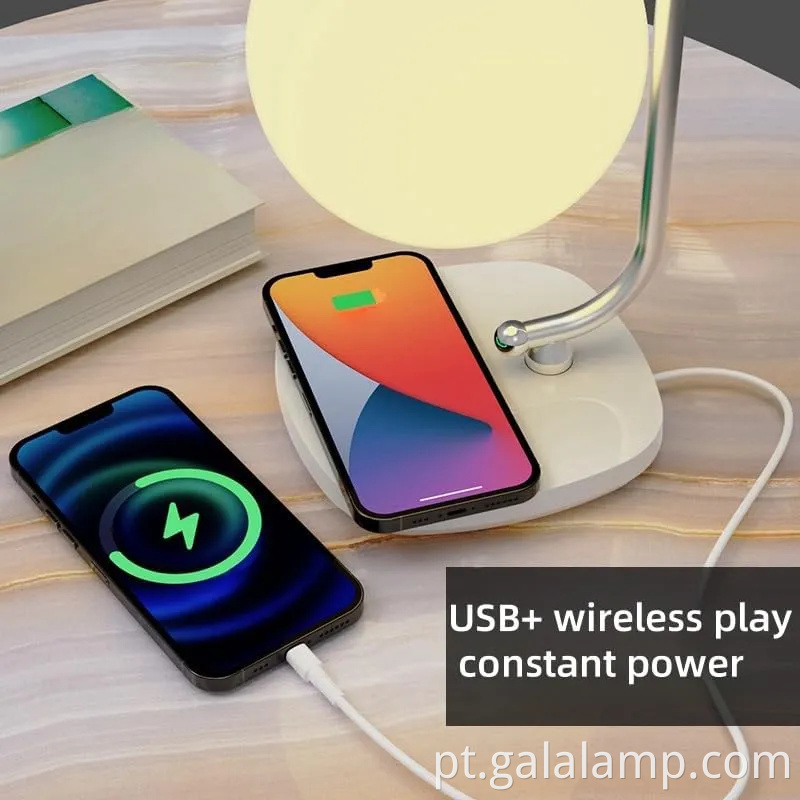 Lâmpada de mesa de LED regulável com carregamento sem fio para o quarto